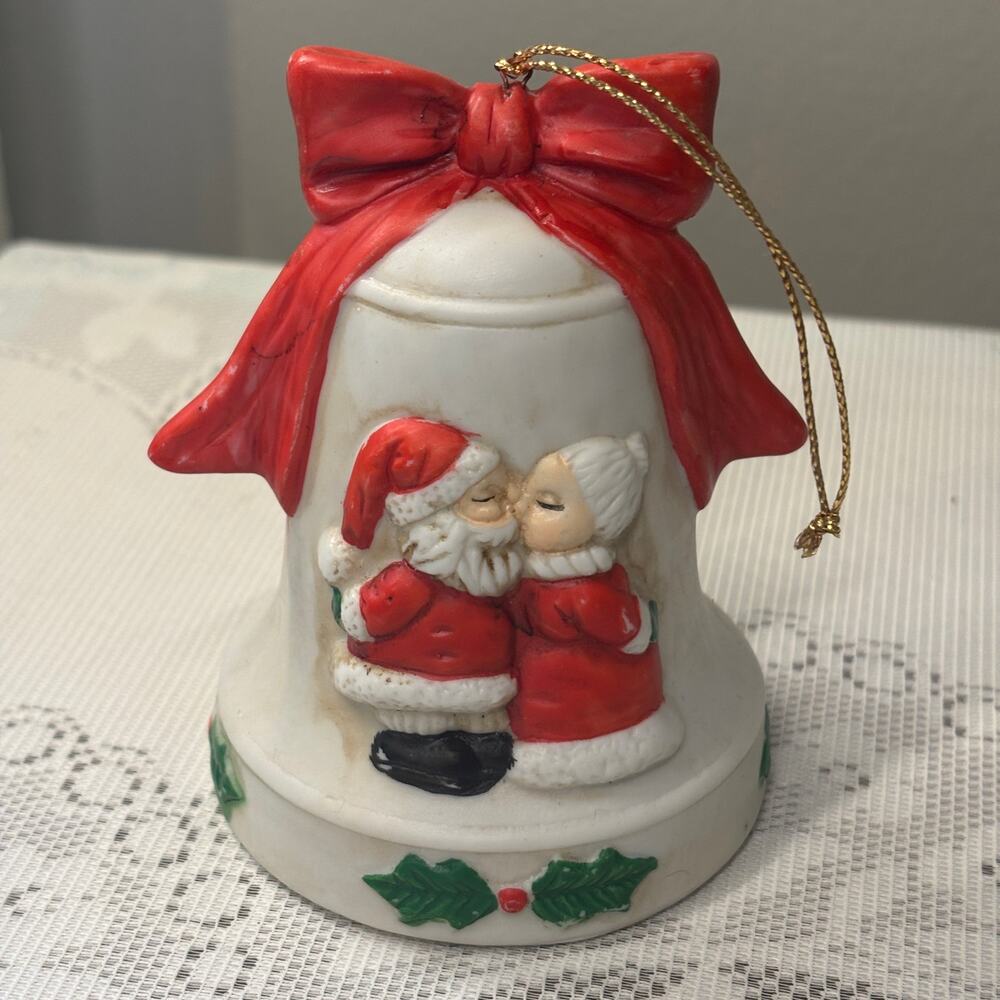 Vintage 1985 Kissing Santa Bell Christmas Ornament Telco MCM Nostalgia Collector